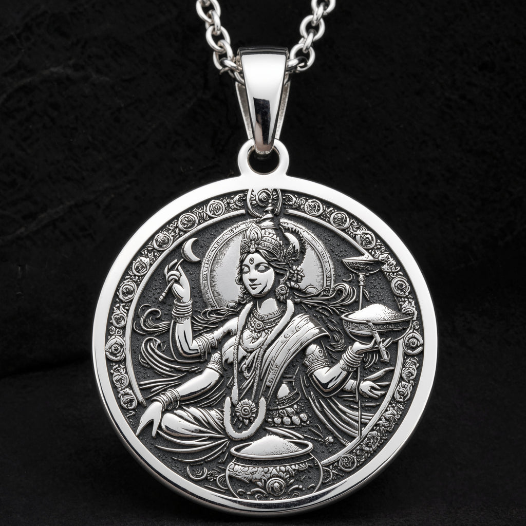Devi Annapurna Goddess Pendant Necklace Necklaces 925 925 Sterling Silver sterling silver pendant featuring an ornate seated figure and crescent moon design necklace