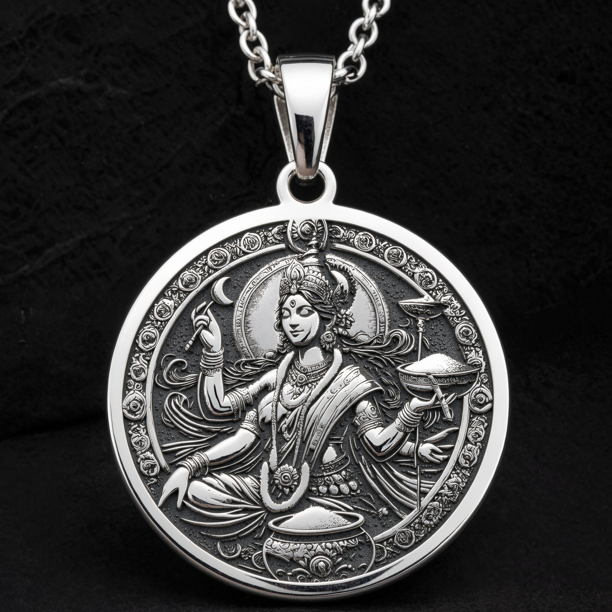 Devi Annapurna Goddess Pendant Necklace Necklaces 925 925 Sterling Silver sterling silver pendant featuring an ornate seated figure and crescent moon design necklace
