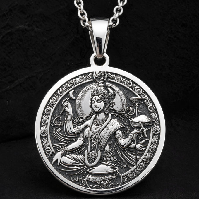 Devi Annapurna Goddess Pendant Necklace Necklaces 925 925 Sterling Silver sterling silver pendant featuring an ornate seated figure and crescent moon design necklace
