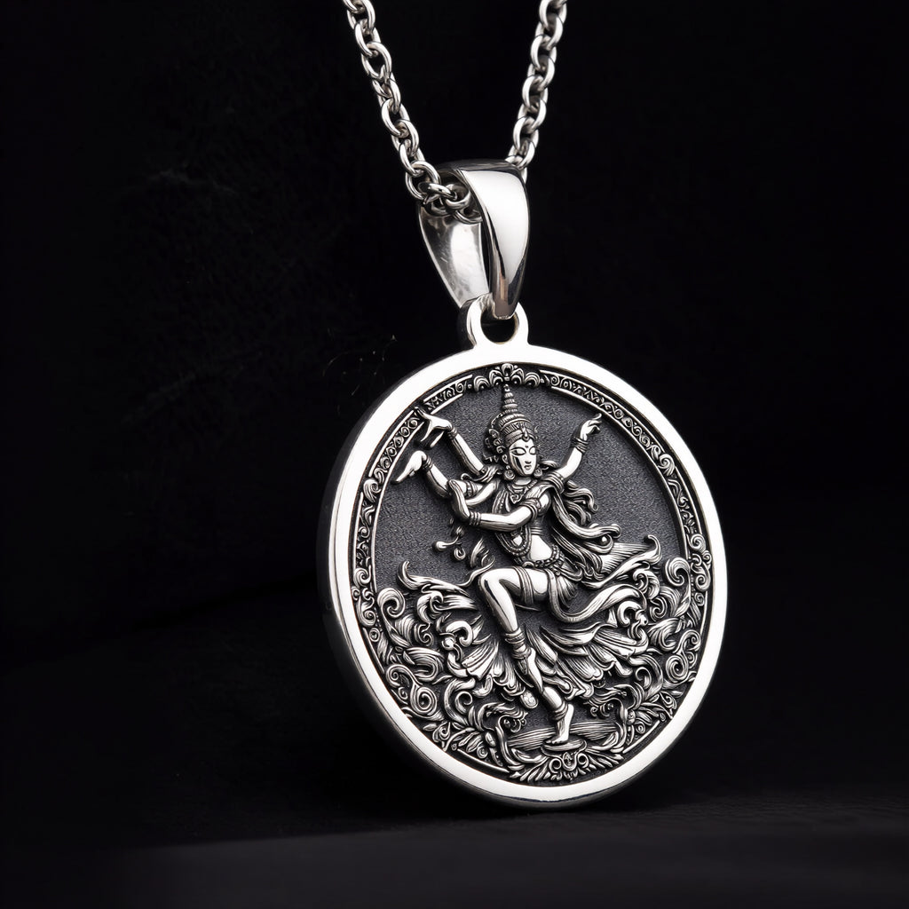 925 925 Sterling Silver Apsara Dancer Celestial Pendant Pendants Oxidized silver pendant featuring an intricate Hindu deity design with detailed scrollwork.