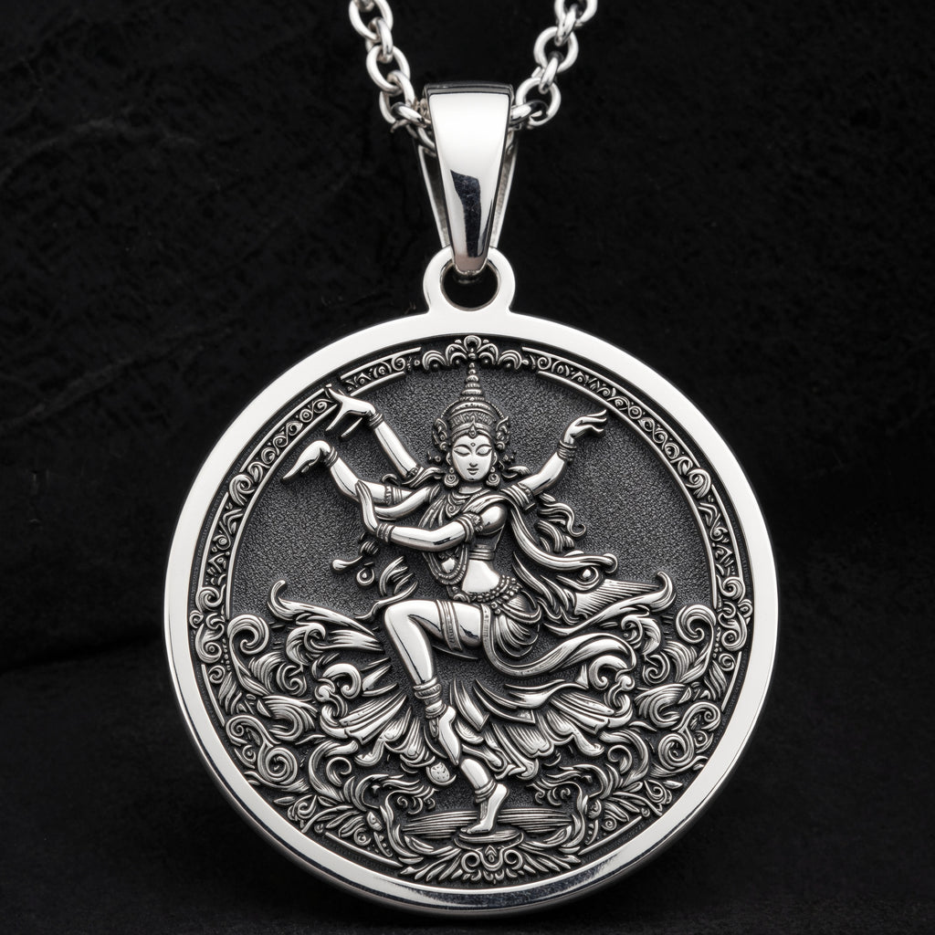 925 925 Sterling Silver Apsara Dancer Celestial Pendant Pendants Oxidized silver round pendant featuring an ornate mythological female figure design.