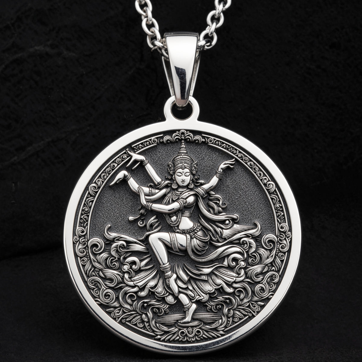925 925 Sterling Silver Apsara Dancer Celestial Pendant Pendants Oxidized silver round pendant featuring an ornate mythological female figure design.