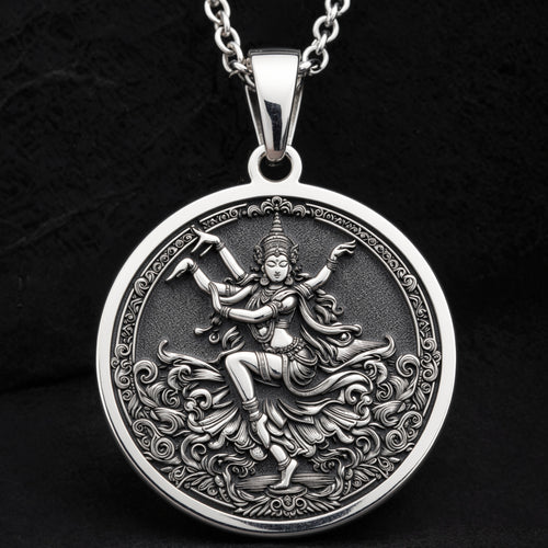 925 925 Sterling Silver Apsara Dancer Celestial Pendant Pendants Oxidized silver round pendant featuring an ornate mythological female figure design.