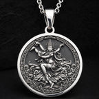 925 925 Sterling Silver Apsara Dancer Celestial Pendant Pendants Oxidized silver round pendant featuring an ornate mythological female figure design.