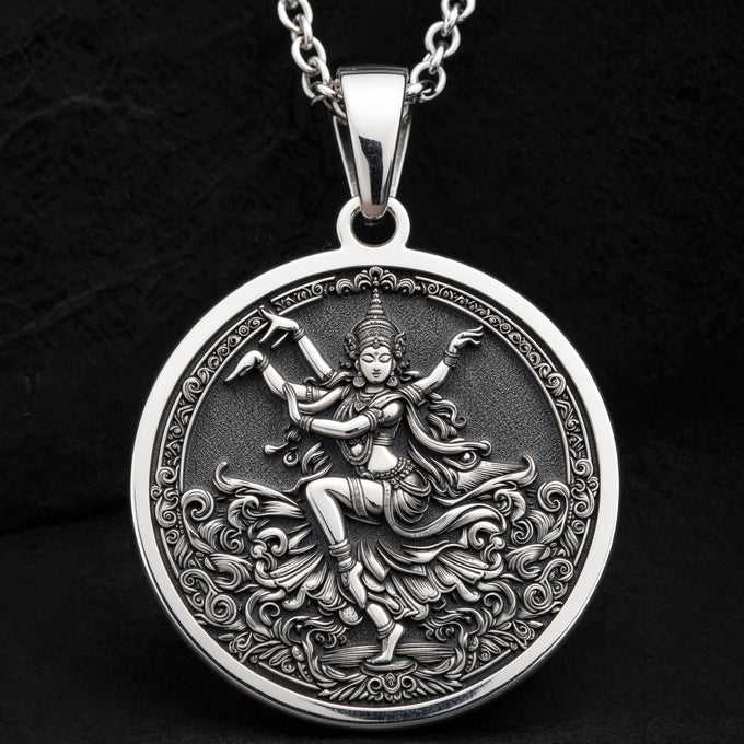 925 925 Sterling Silver Apsara Dancer Celestial Nymph Pendant Pendants Oxidized silver round pendant featuring an ornate goddess design with intricate scrollwork.