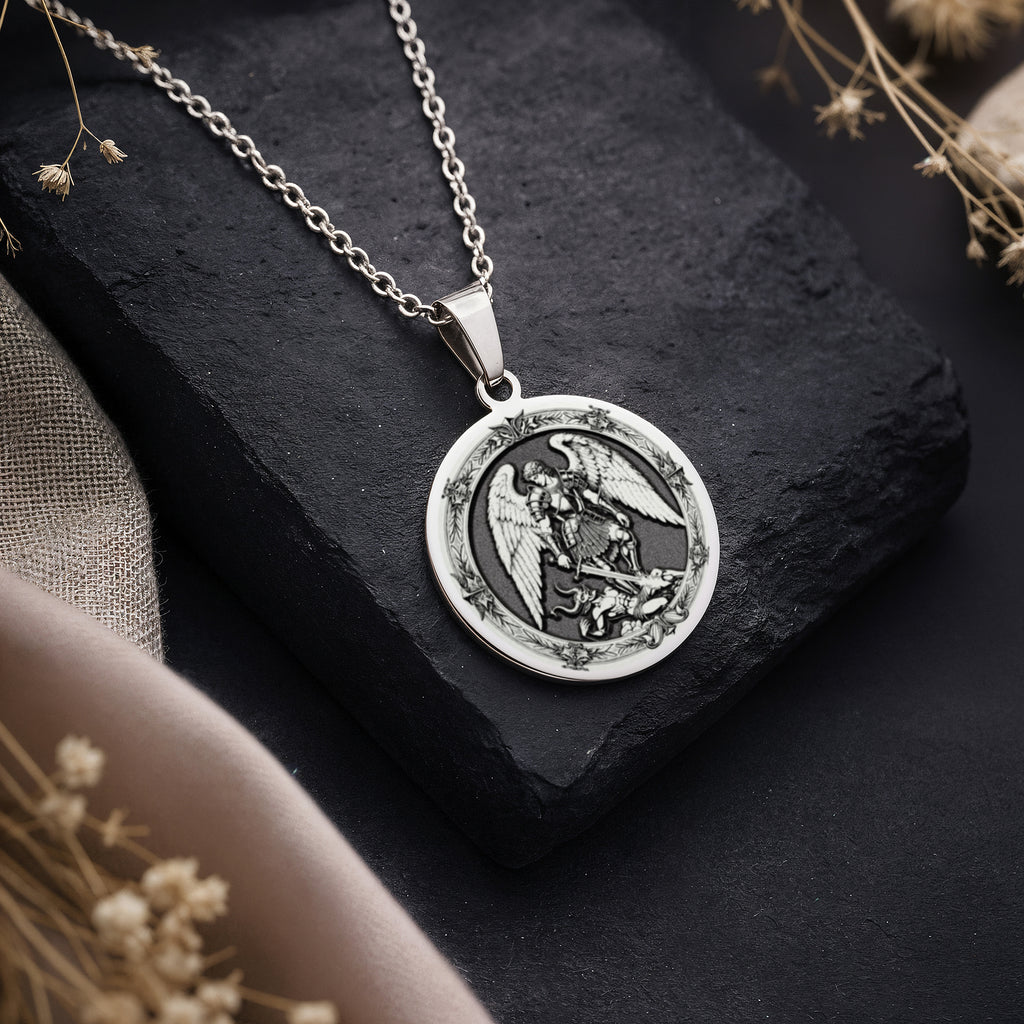 925 925 Sterling Silver Archangel Michael Coin Pendant Pendants Oxidized silver winged eagle pendant necklace with circular design.