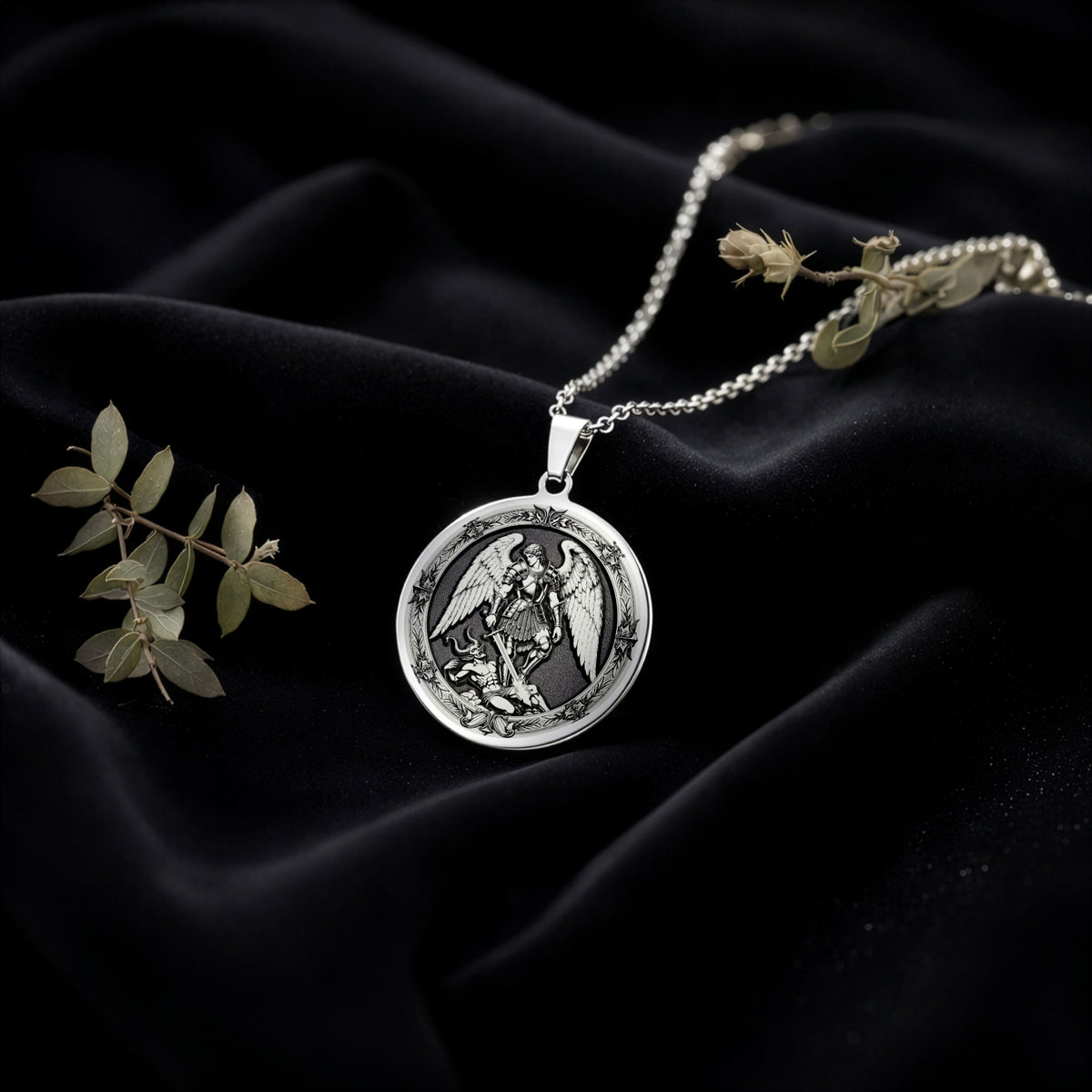 Archangel Michael Coin Pendant Pendants 925 925 Sterling Silver winged angel pendant necklace on black fabric.