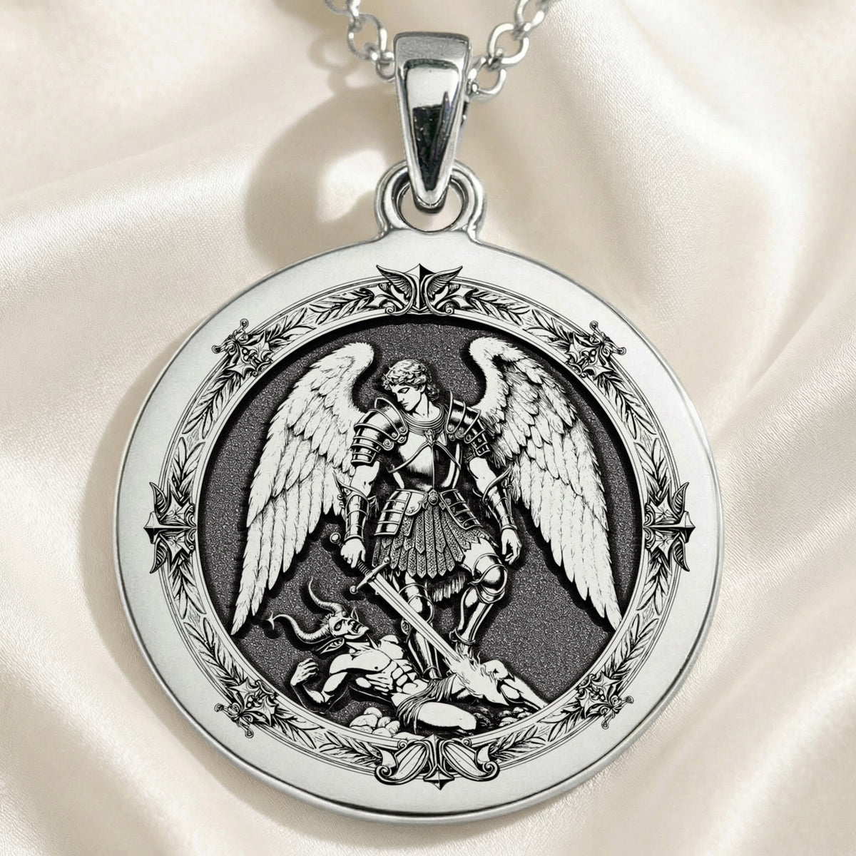 Archangel Michael Coin Pendant Pendants 925 925 Sterling Silver winged warrior holding a sword pendant necklace on silk background