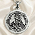 Archangel Michael Coin Pendant Pendants 925 925 Sterling Silver winged warrior holding a sword pendant necklace on silk background