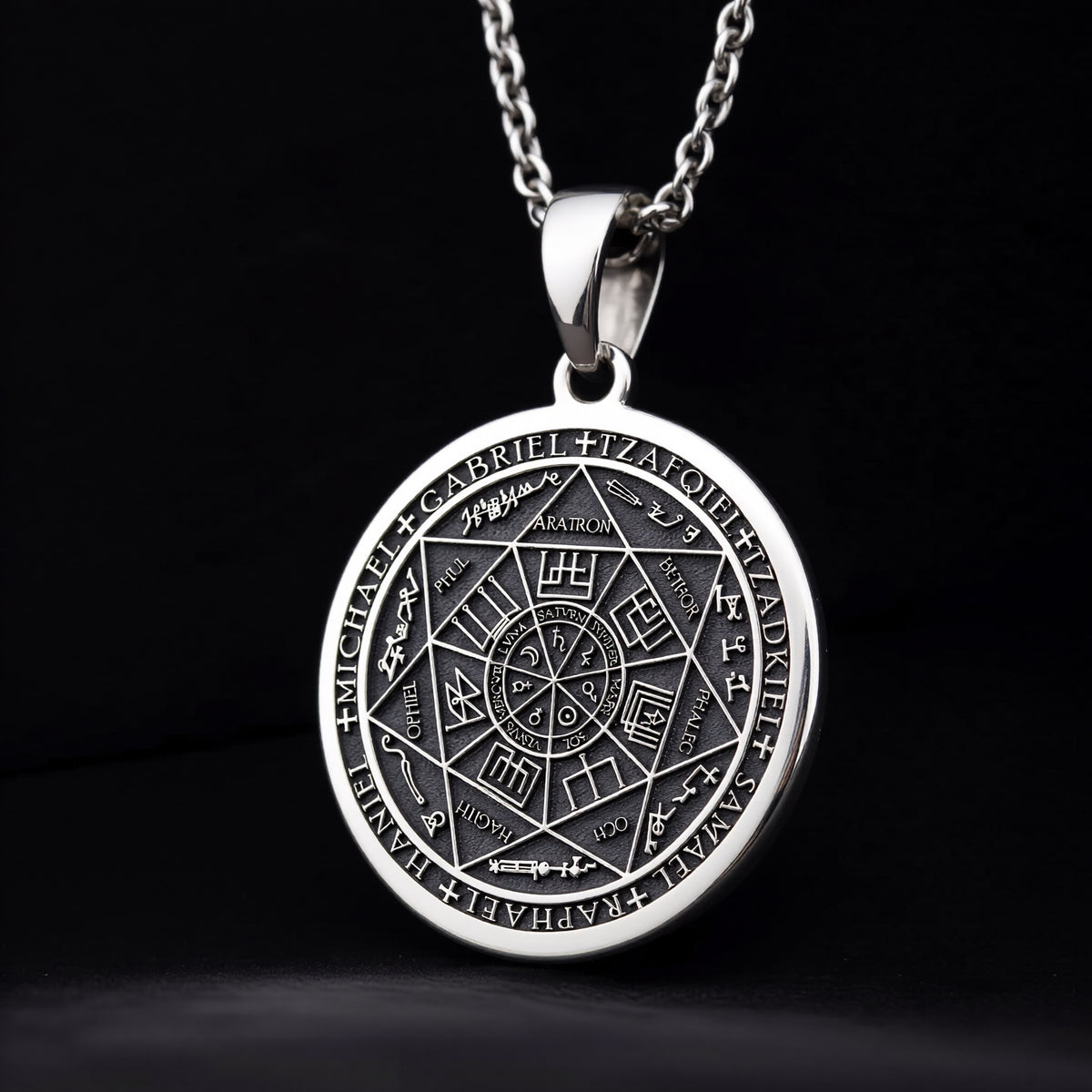 Sterling silver Seven Archangels Guardian Angel Wings Amulet Necklace: round  seven arc...