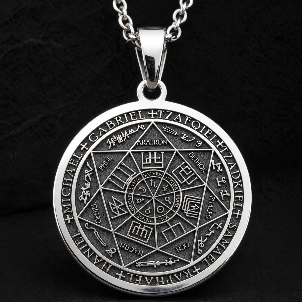 Sterling silver Seven Archangels Guardian Angel Wings Amulet Necklace: round  seven arc...