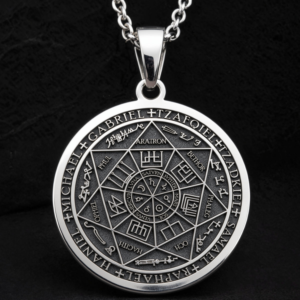 Sterling silver Seven Archangels Guardian Angel Wings Amulet Necklace: round  seven arc...