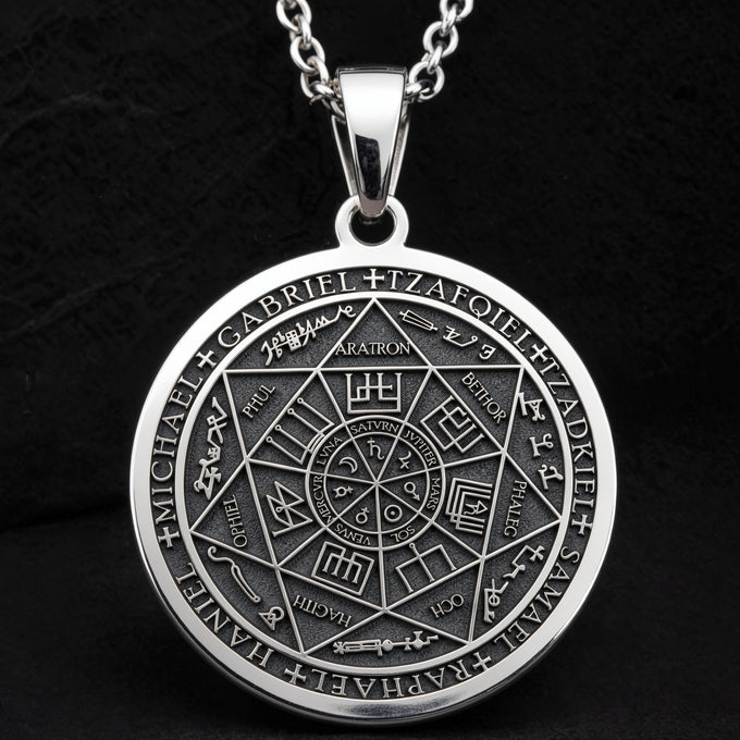 Sterling silver Seven Archangels Guardian Angel Wings Amulet Necklace: round  seven arc...