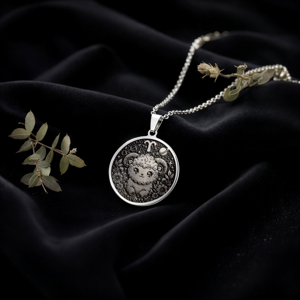 Aries Zodiac Astrological Sign Necklace in 925 Sterling Silver & Plated 18mm — close-up — Shop Luminous Luxury Crafts