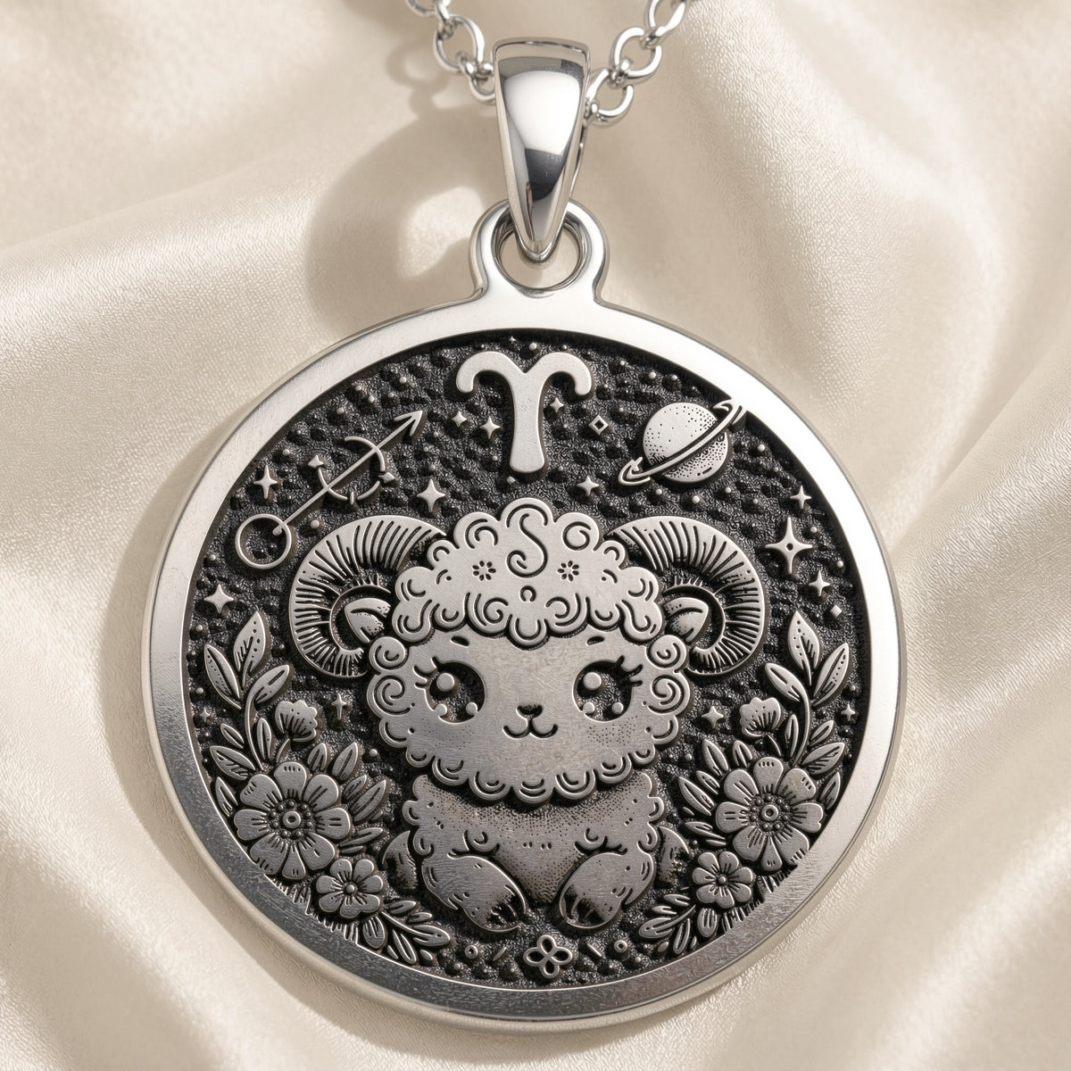 Aries Zodiac Astrological Sign Necklace in 925 Sterling Silver & Plated 18mm — front view — Shop Luminous Luxury Crafts