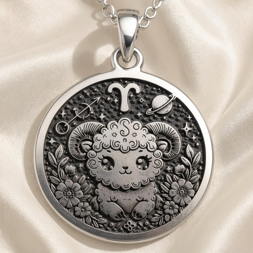 Aries Zodiac Astrological Sign Necklace in 925 Sterling Silver & Plated 18mm — front view — Shop Luminous Luxury Crafts