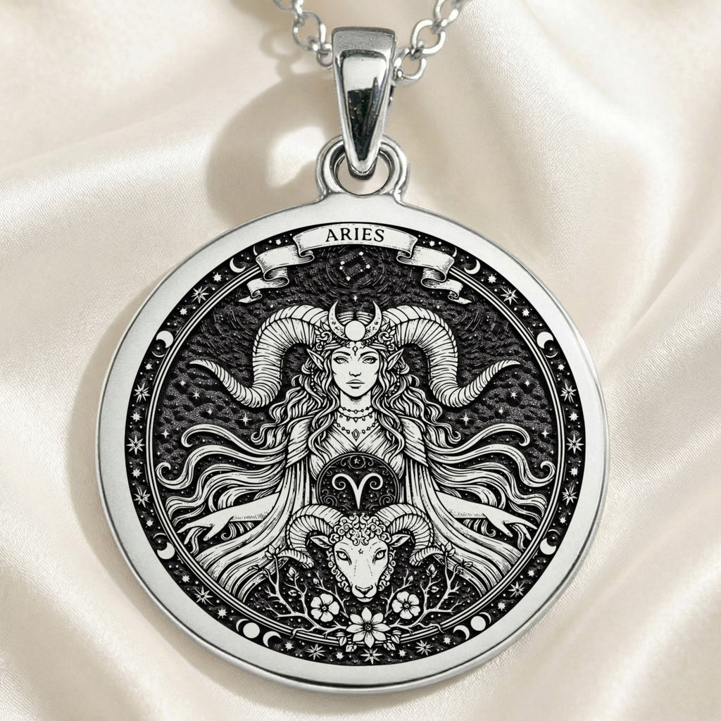 Aries Zodiac Constellation Necklace in 925 Sterling Silver & Plated 18mm — front view — Shop Luminous Luxury Crafts