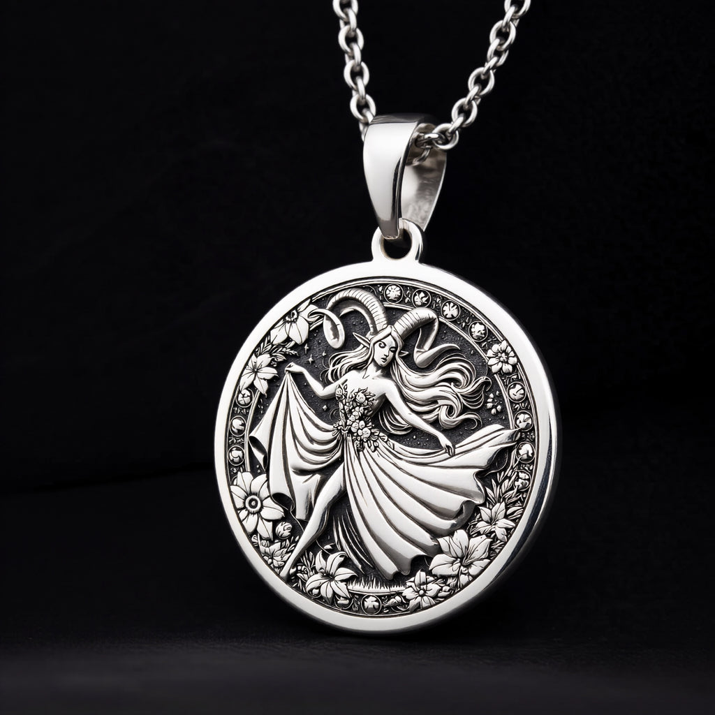 Aries Zodiac Astrological Sign Necklace Pendants 925 925 Sterling Silver round pendant featuring a classical goddess design with floral details on a chain.