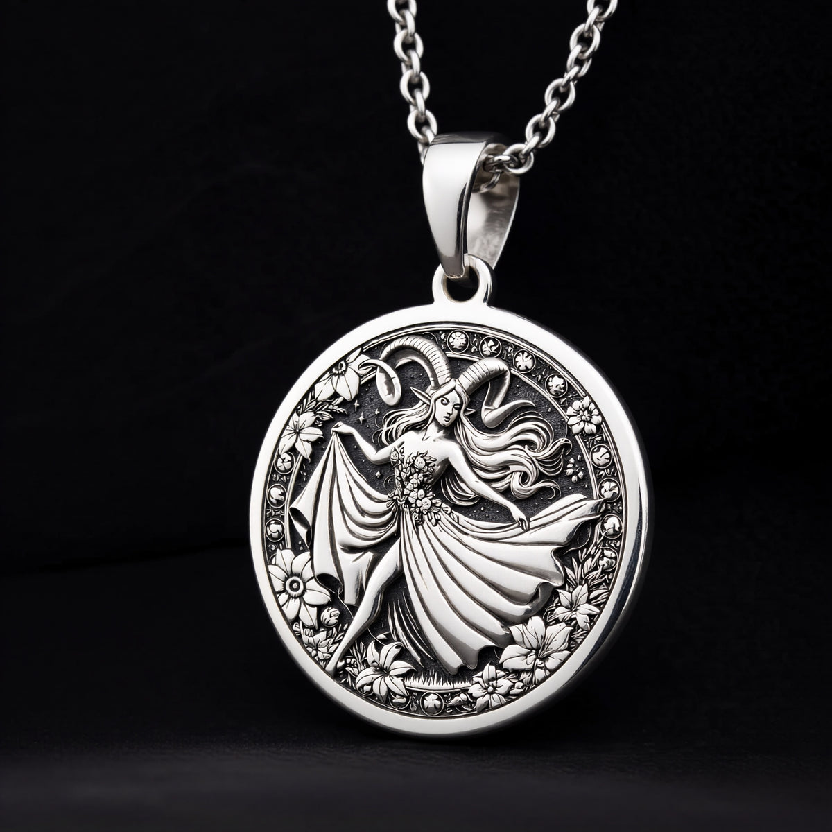 Aries Zodiac Astrological Sign Necklace Pendants 925 925 Sterling Silver round pendant featuring a classical goddess design with floral details on a chain.