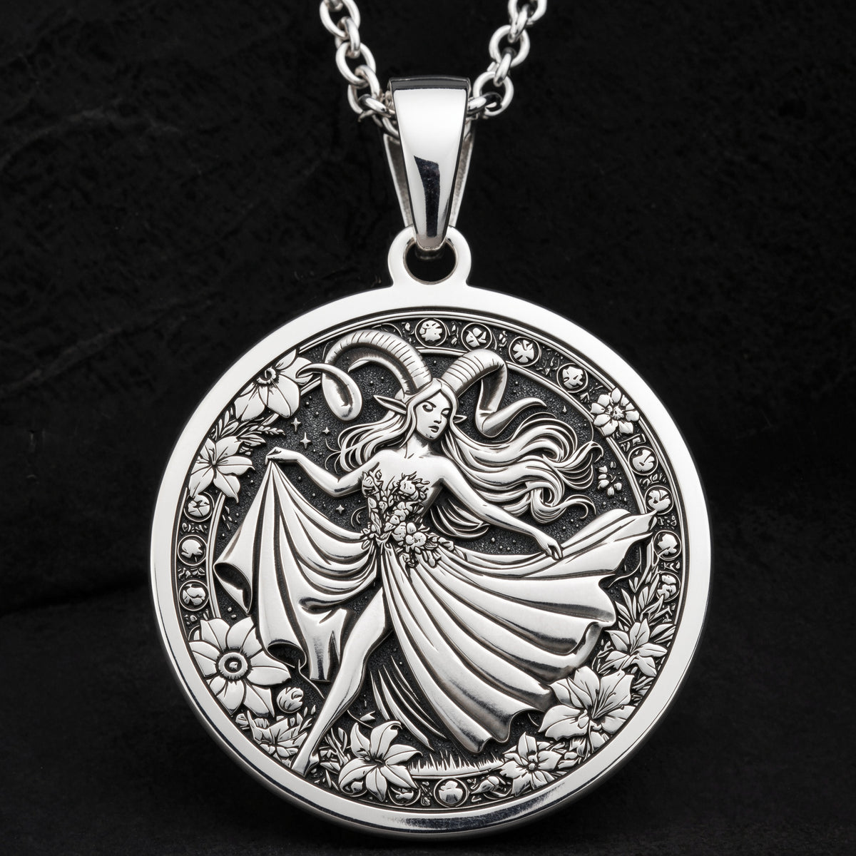 Aries Zodiac Astrological Sign Necklace Pendants 925 925 Sterling Silver sterling silver pendant of a draped winged female figure with floral wreath necklace