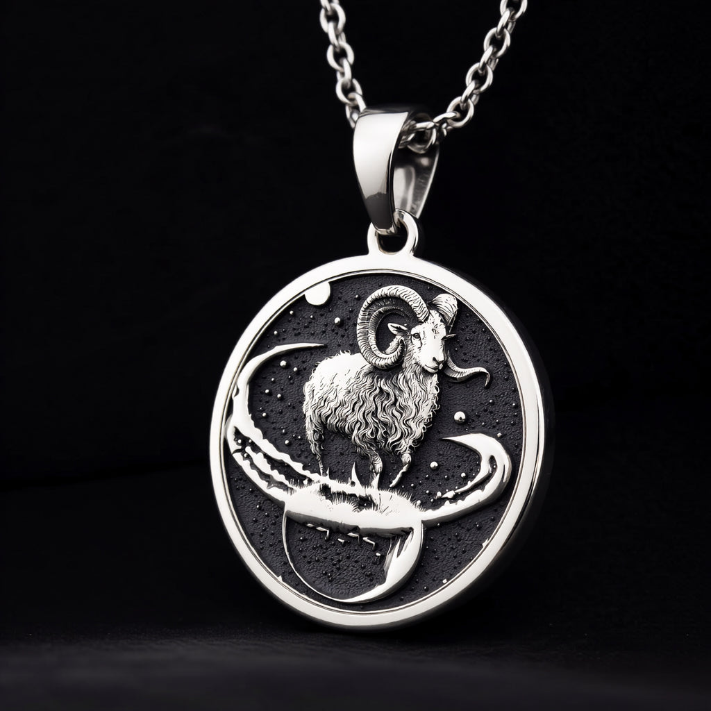 Aries Zodiac Necklace Pendants 925 925 Sterling Silver ram and snake pendant necklace with circular design