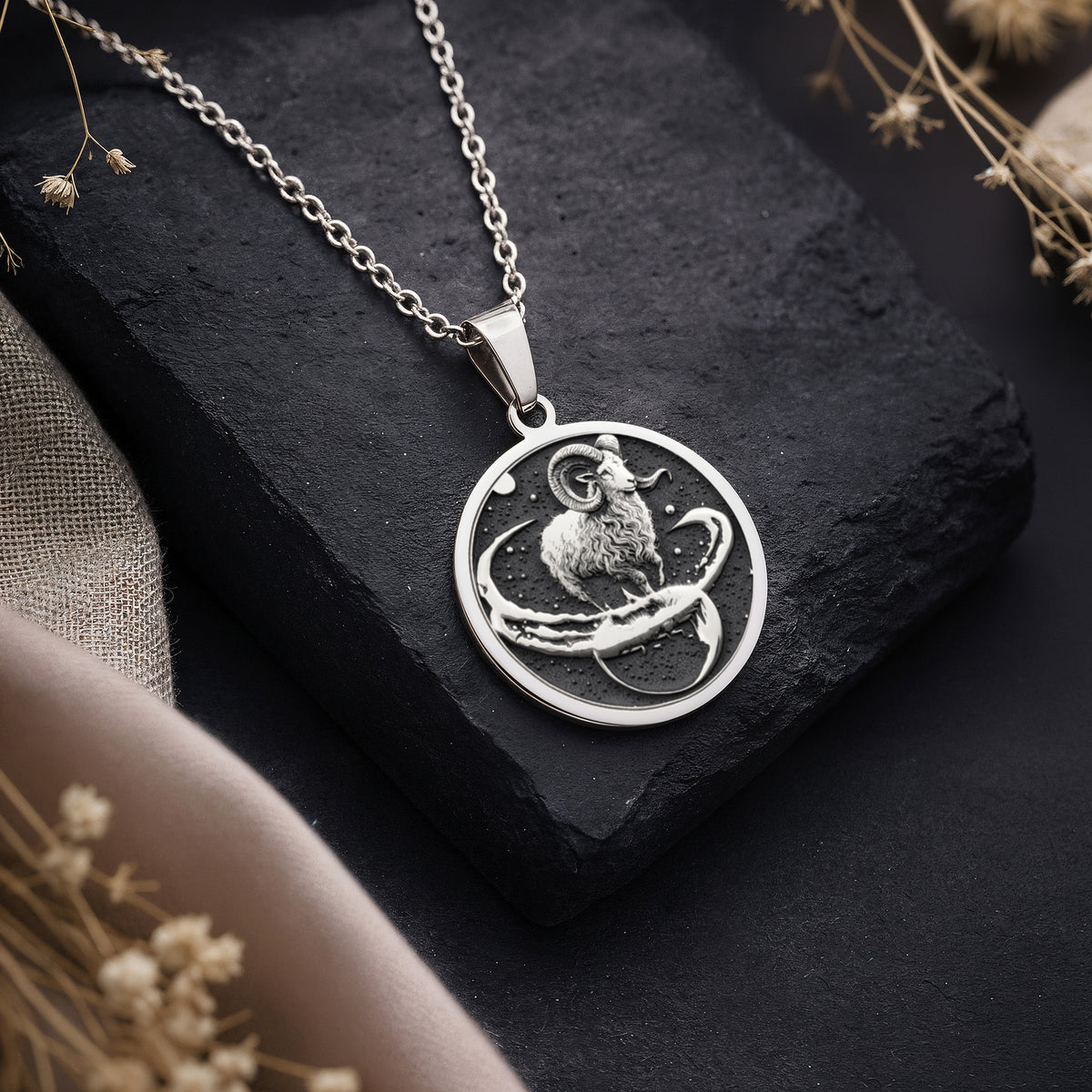 Aries Zodiac Necklace Pendants 925 925 Sterling Silver lion figure pendant necklace with swirling design on a dark background