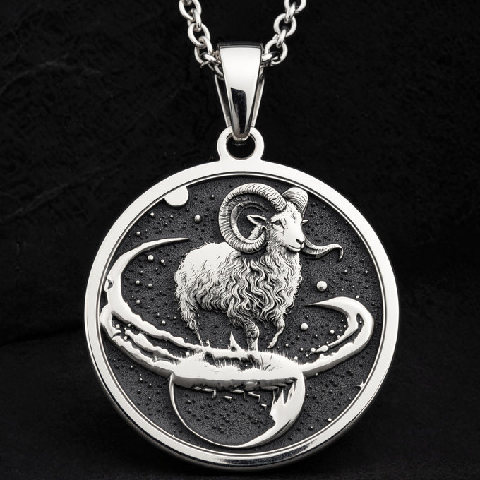 925 925 Sterling Silver Aries Zodiac Necklace Pendants Oxidized silver ram pendant with stars in a circle necklace