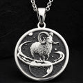 925 925 Sterling Silver Aries Zodiac Necklace Pendants Oxidized silver ram pendant with stars in a circle necklace