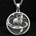 925 925 Sterling Silver Aries Zodiac Necklace Pendants Oxidized silver ram pendant with stars in a circle necklace