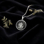 Artemis Goddess of the Hunt Coin Pendant Pendants 925 925 Sterling Silver round pendant with classical scene design on black velvet background