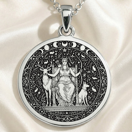 Artemis Goddess of the Hunt Coin Pendant Pendants 925 925 Sterling Silver pendant necklace featuring a mythological female figure design with deer and celestial motifs.