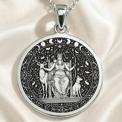 Artemis Goddess of the Hunt Coin Pendant Pendants 925 925 Sterling Silver pendant necklace featuring a mythological female figure design with deer and celestial motifs.