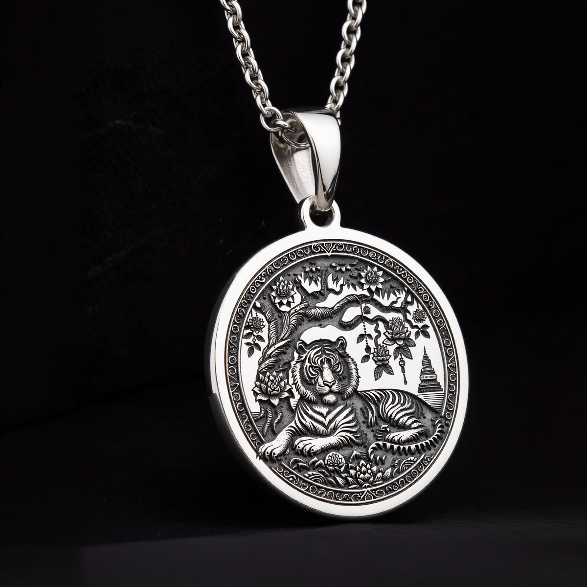 Sterling silver Tiger Spirit Animal Necklace: round  of tiger spirit animal with engrav...