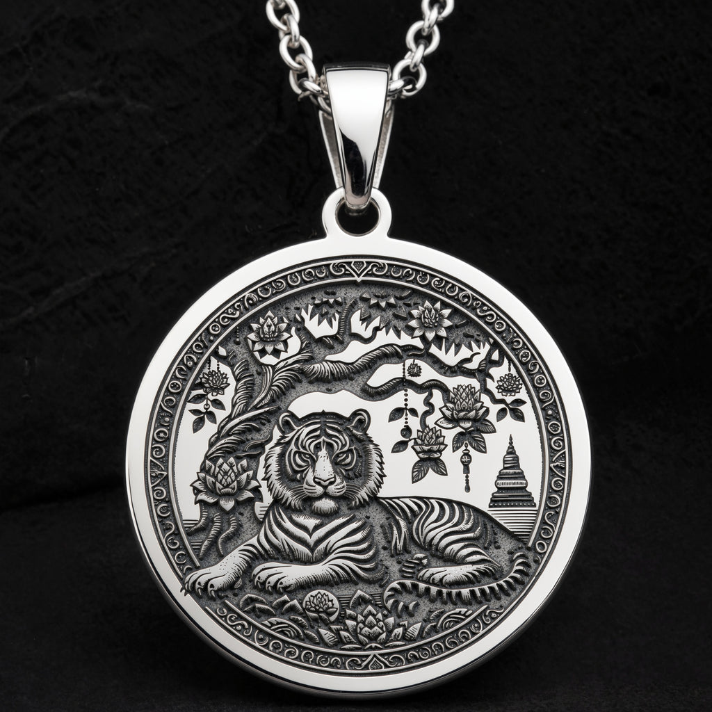 Sterling silver Tiger Spirit Animal Necklace: round  detailed engraved tiger surrounded...