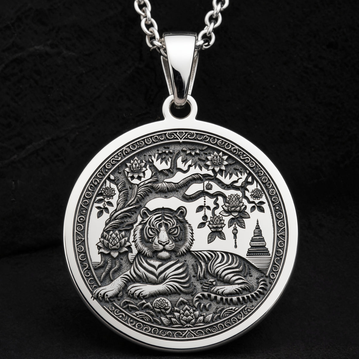 Sterling silver Tiger Spirit Animal Necklace: round  detailed engraved tiger surrounded...