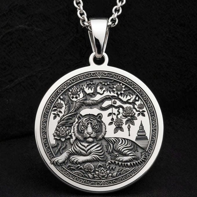 Sterling silver Tiger Spirit Animal Necklace: round  detailed engraved tiger surrounded...