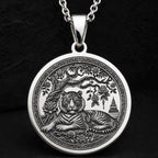 Sterling silver Tiger Spirit Animal Necklace: round  detailed engraved tiger surrounded...
