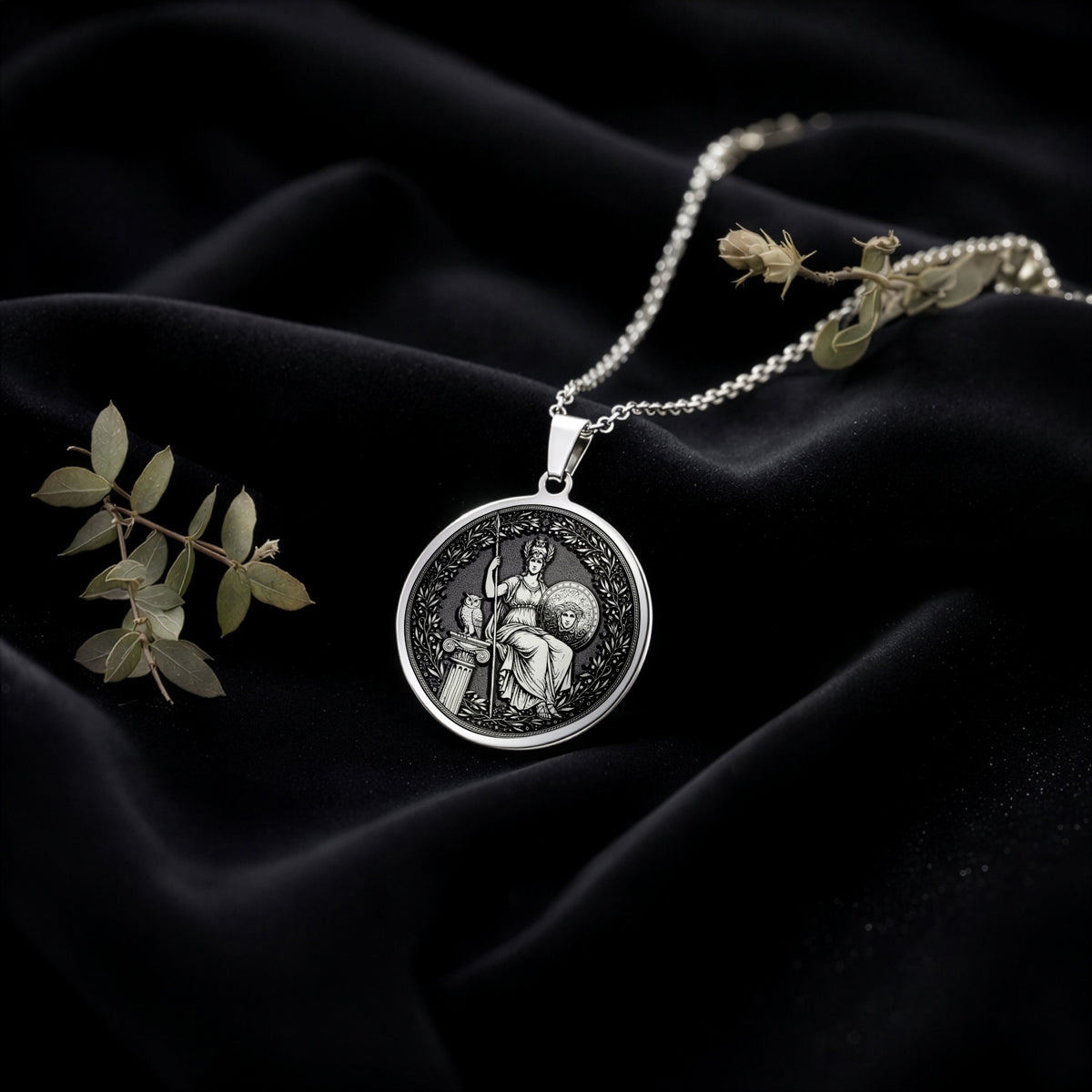 Athena Wisdom Medallion Pendant Pendants 925 925 Sterling Silver round pendant with an allegorical scene and globe design necklace