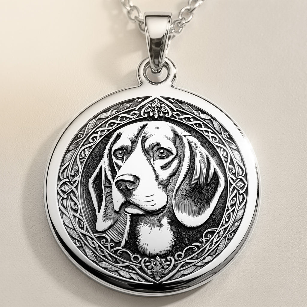 925 Sterling Silver Beagle Angel Dog Medallion showcasing beloved hound breed with angel wings and heavenly halo. Detailed memorial coin pendant with distinctive features and floppy ears. Premium Beagle loss jewelry symbolizing eternal love.