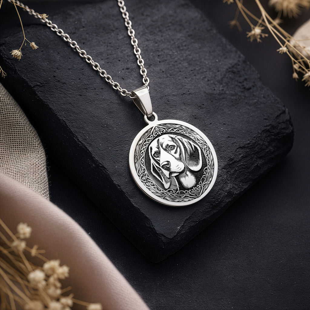 Sterling Silver Beagle Angel Pendant with detailed memorial design. Handcrafted silver coin charm featuring beloved hunting hound with wings, halo and radiant elements. Rainbow bridge jewelry celebrating eternal bond with Beagle companions.