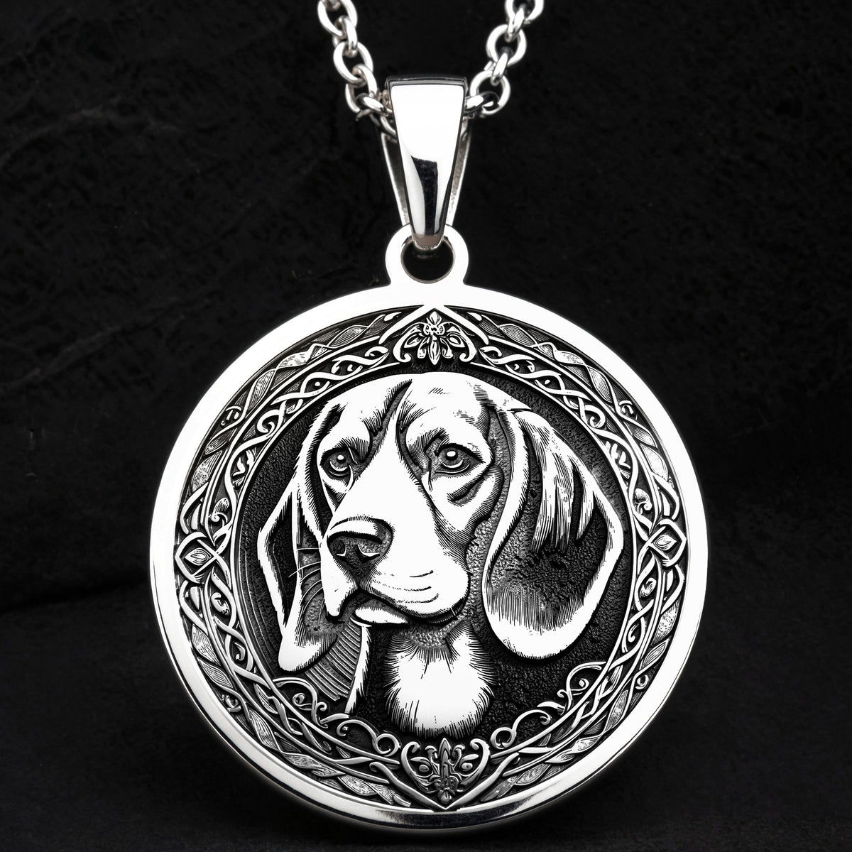 14K Solid Gold Beagle Angel Dog Medallion featuring beloved hound breed with heavenly wings and halo. Detailed memorial talisman with distinctive tri-color coat, floppy ears and radiant background. Luxury Beagle memorial jewelry gift