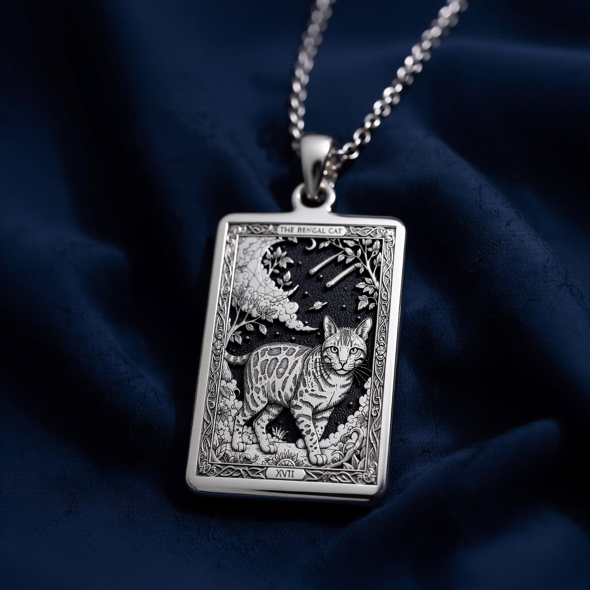 A personalized 925 sterling silver Bengal Cat necklace. This gift celebrates the exotic grace of the Bengal, a cherished pet memorial keepsake.
