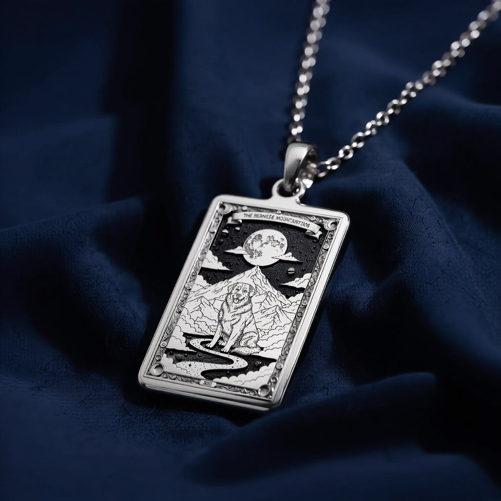 A personalized 925 sterling silver Bernese Mountain Dog necklace. This gift celebrates the gentle giant of the mountains, a cherished pet memorial keepsake.