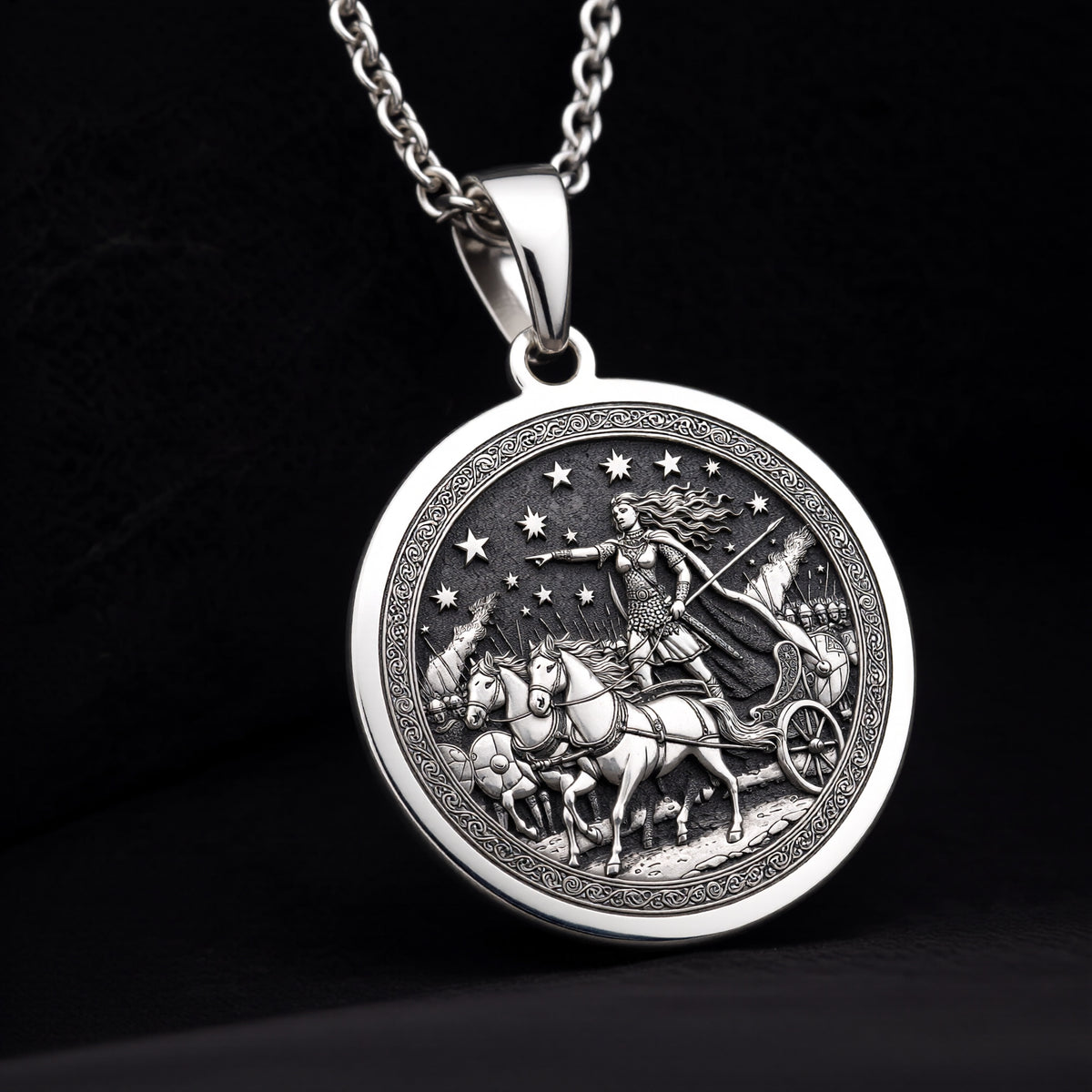 Boudica Celtic Queen Necklace Pendants 925 925 Sterling Silver pendant featuring a classical warrior riding horses design on a round disc.