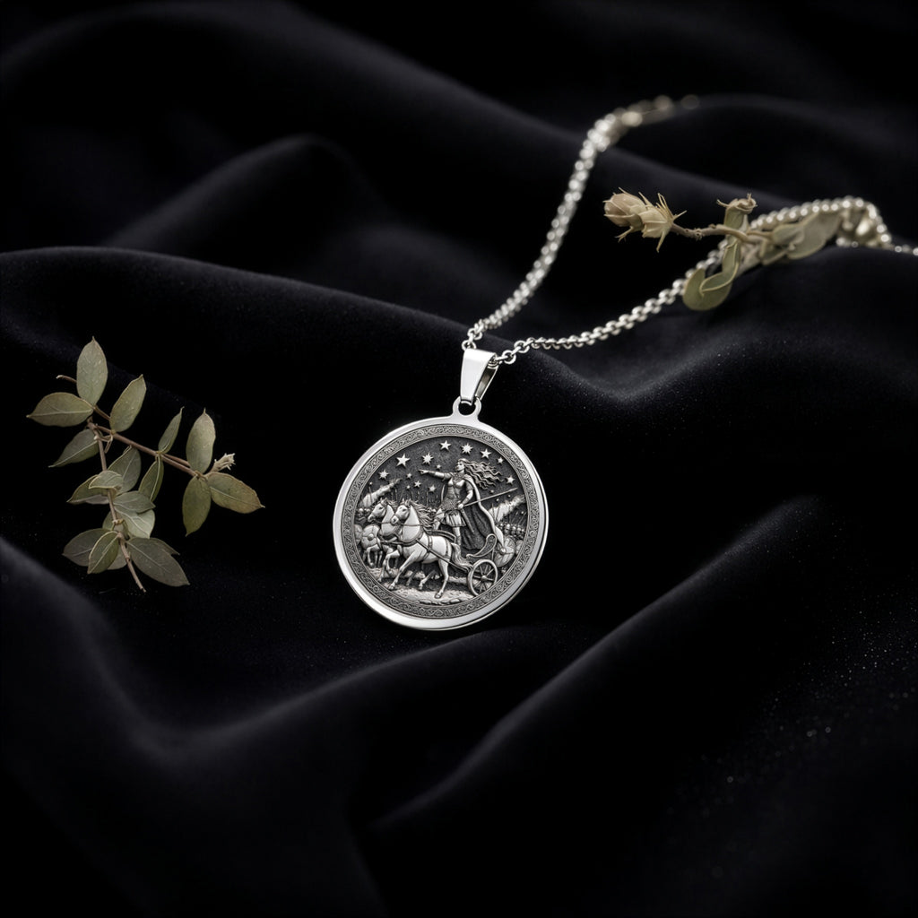 Boudica Celtic Queen Necklace Pendants 925 925 Sterling Silver round pendant with a classical scene design on a delicate chain.