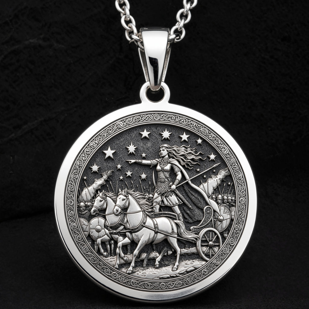 Boudica Celtic Queen Necklace Pendants 925 925 Sterling Silver round pendant featuring a classical warrior riding a chariot design.