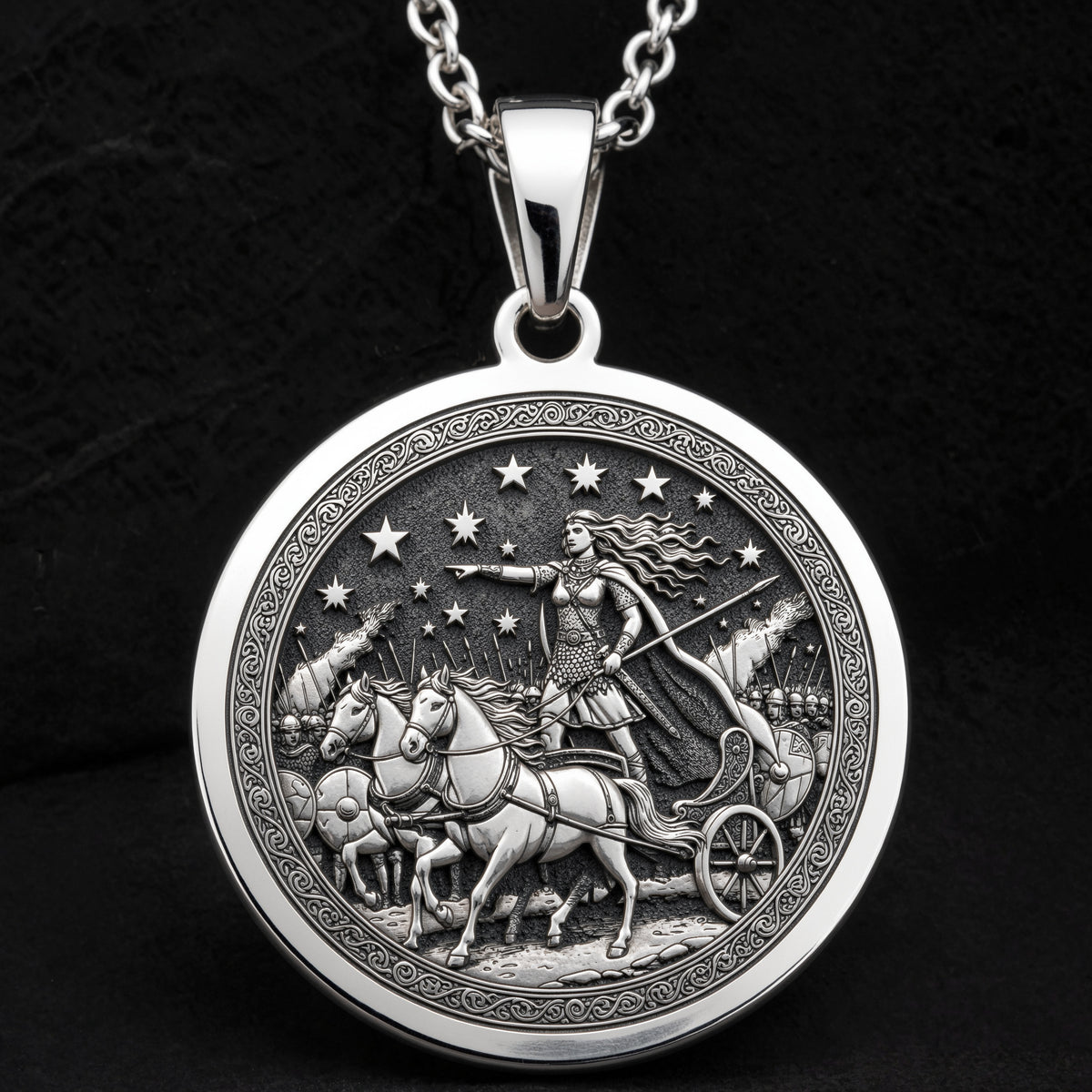 Boudica Celtic Queen Necklace Pendants 925 925 Sterling Silver round pendant featuring a classical warrior riding a chariot design.