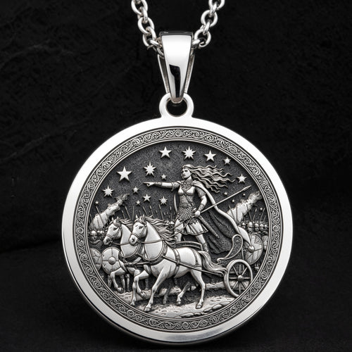 Boudica Celtic Queen Necklace Pendants 925 925 Sterling Silver round pendant featuring a classical warrior riding a chariot design.