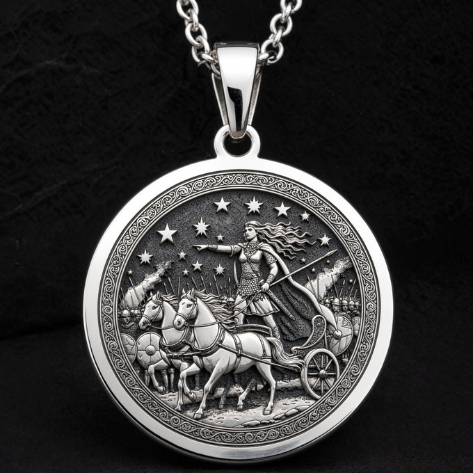 Boudica Celtic Queen Necklace Pendants 925 925 Sterling Silver round pendant featuring a classical warrior riding a chariot design.
