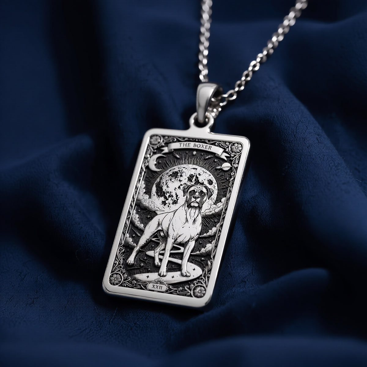 A personalized 925 sterling silver Boxer necklace. This gift celebrates the courageous heart of the Boxer, a cherished pet memorial keepsake.